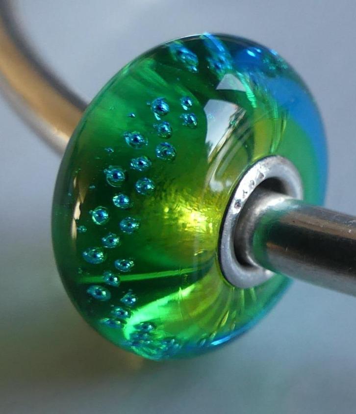 Trollbeads GROEN TURKOOIZEN ZILVERSPOOR, Sieraden, Tassen en Uiterlijk, Bedels, Zo goed als nieuw, Trollbeads, Glas of Kristal