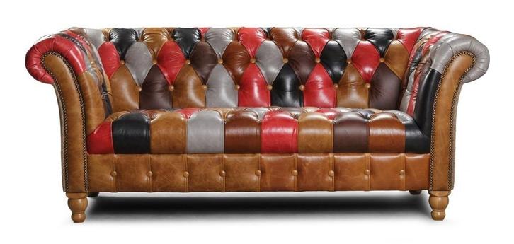 Multicolour chesterfield bank Patchwork leer Harris Tweed, Huis en Inrichting, Banken | Bankstellen, Nieuw, Rechte bank, 75 tot 100 cm