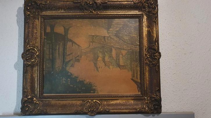 Antiek straatgezicht in sierlijst – ca. 1900, 4034 cm, Antiek en Kunst, Kunst | Schilderijen | Klassiek, Ophalen of Verzenden