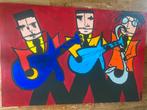 Schilderij 120x80 cm muzikanten bas gitaar sax, Ophalen of Verzenden