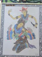 2 Balinese Danseressen in Aquarel en goud met dolk gesigneer, Minder dan 50 cm, Gebruikt, Oorspronkelijke maker, Ophalen of Verzenden