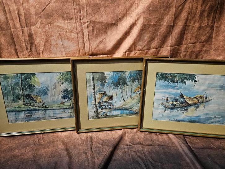 A.J. Rahman - 3 Aquarellen van Maleisische Kampungs, Antiek en Kunst, Kunst | Tekeningen en Foto's, Ophalen of Verzenden