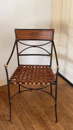 vintage stoel, Bruine stoel met leergevlovhten zitting en metalen frame, Gebruikt, Leer, Ophalen of Verzenden