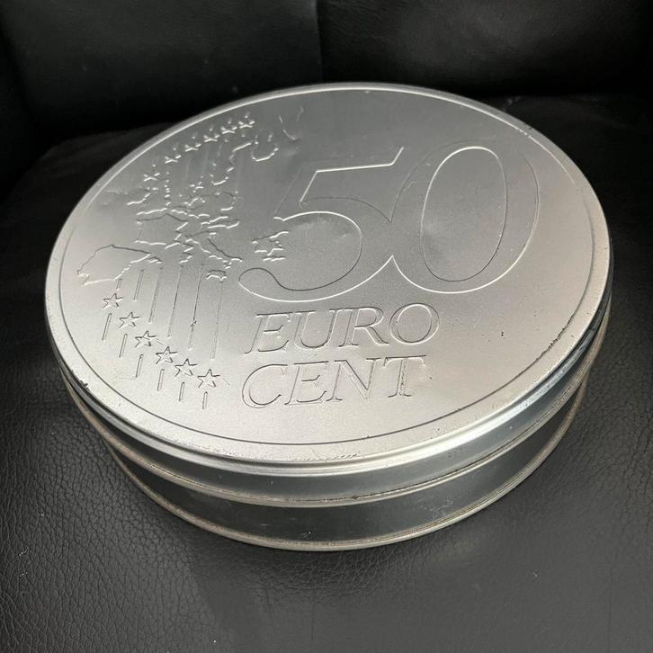 Opbergblik 50 eurocent zilverkleur - 22 cm, Verzamelen, Blikken, Gebruikt, Overige, Overige merken, Ophalen of Verzenden