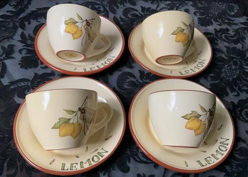 4 kop en schotels “lemon” van Jet by Tersteege, Huis en Inrichting, Keuken | Servies, Zo goed als nieuw, Kop(pen) en/of Schotel(s)