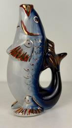 Vintage keramieken karaf / vaas vis azuurblauw goud karper, Antiek en Kunst, Ophalen