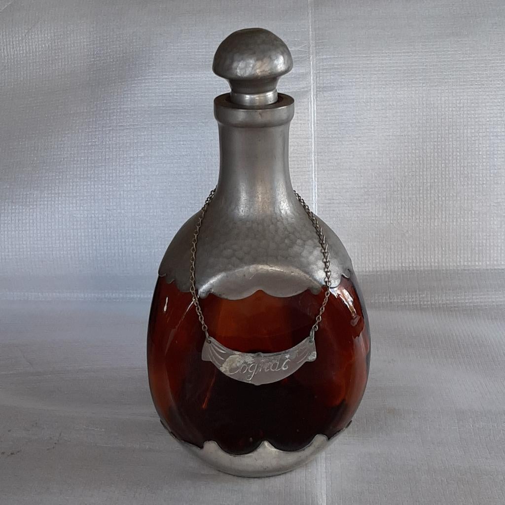Oude bruine glazen karaf/ fles ( cognac ) met tin Daalderop, Ophalen