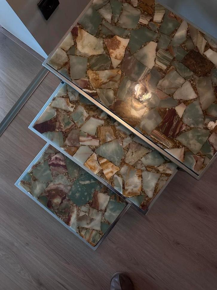 Vintage Mimiset met Onyx Blad, Huis en Inrichting, Tafels | Bijzettafels, Gebruikt, Vierkant, Minder dan 45 cm, Minder dan 55 cm