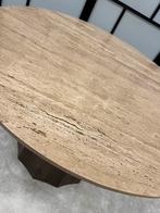 Travertin Tafel Japandi 120cm bruin mangohout poot, Info@savoireinteriors.com, Japandi, Overige materialen, Rond