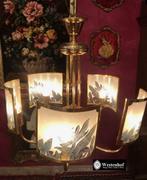 Kroonluchter klassiek goud messing 5 arms met glasplaat art, Huis en Inrichting, Lampen | Kroonluchters, Ophalen of Verzenden