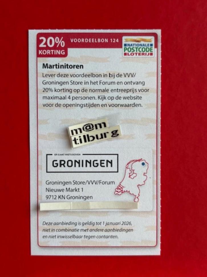 Voordeelbon 124 Martinitoren 20% korting., Tickets en Kaartjes, Kortingen en Cadeaubonnen, Drie personen of meer, Overige typen