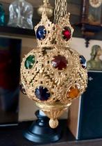 Antieke glas juwelen messing koperen hanglamp olielamp., Ophalen of Verzenden