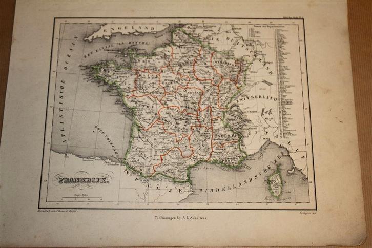 Zeldzame antieke kaart - Frankrijk - 1860 !!, Boeken, Atlassen en Landkaarten, Gelezen, Landkaart, Frankrijk, 1800 tot 2000, Ophalen of Verzenden