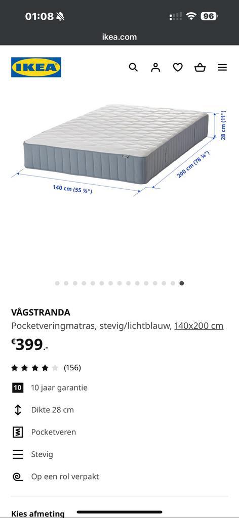 VÅGSTRANDA Pocketveringmatras, 140x200 cm, Huis en Inrichting, Slaapkamer | Matrassen en Bedbodems, Zo goed als nieuw, Matras