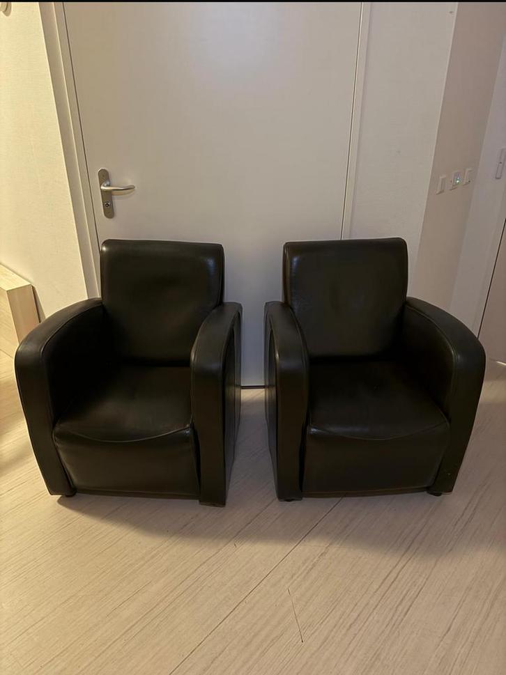 2 Mooie Donkerbruine Lederen Fauteuils, Huis en Inrichting, Fauteuils, Gebruikt, Leer, 75 tot 100 cm, Ophalen