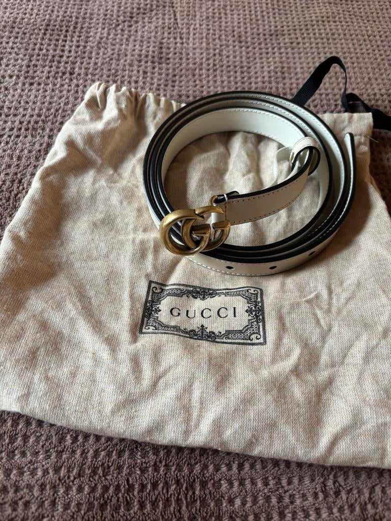 Gucci GG Marmont Riem Wit Leer 110cm, Minder dan 3 cm, 100 cm of meer, Tailleriem, Ophalen of Verzenden