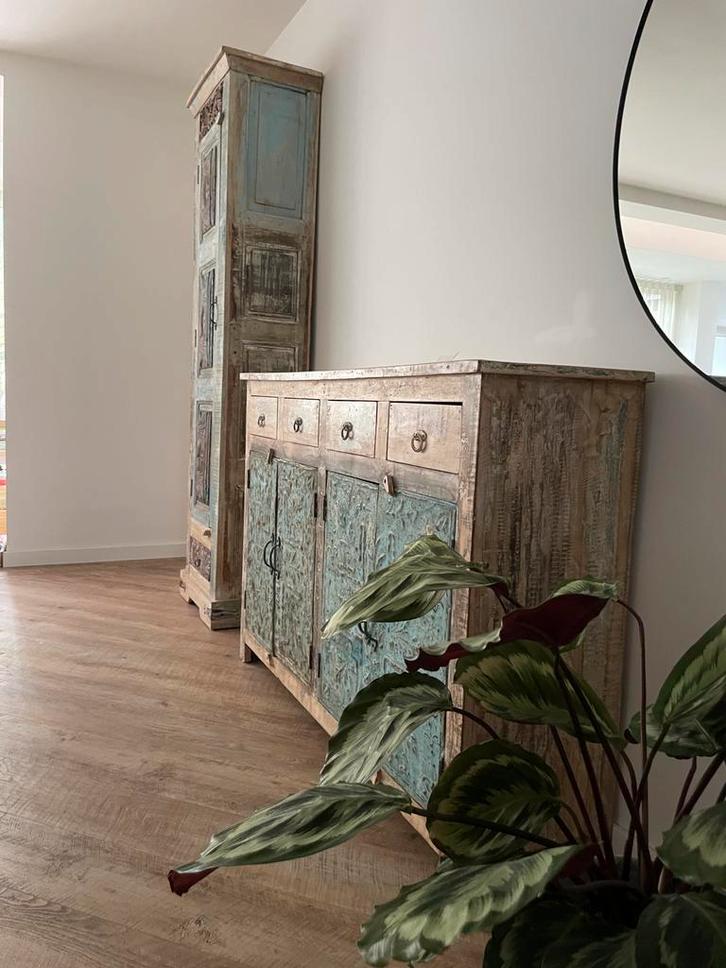 Uniek handgemaakt dressoir & hoge kast (hout&metaal-India), Huis en Inrichting, Kasten | Dressoirs, Zo goed als nieuw, 100 tot 150 cm