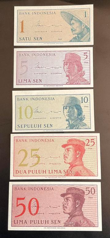 Bankbiljet - 5x Indonesië 1 - 5 - 10 - 25 en 50 Ruphia 1964 beschikbaar voor biedingen