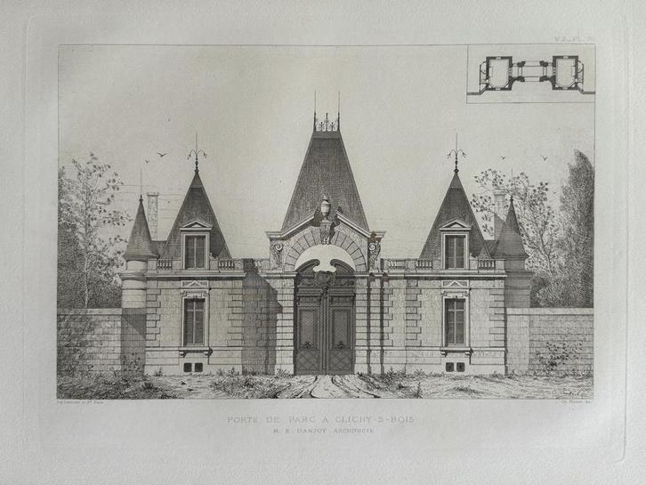 1877 gravure - Antieke ontwerptekening toegangspoort Clichy, Antiek en Kunst, Kunst | Etsen en Gravures, Verzenden