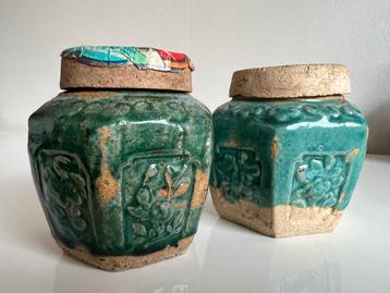 2 Vintage Shiwan Gemberpotten Turquoise Zeskant Flora Deksel beschikbaar voor biedingen