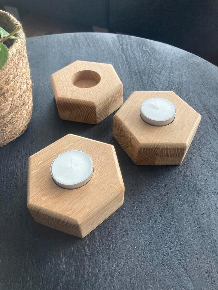 Waxinelichtjeshouder Kandelaar Hexagon Eiken NIEUW, Huis en Inrichting, Woonaccessoires | Kandelaars en Kaarsen, Nieuw, Kandelaar
