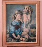 Vintage afbeelding meisje met haar hond, Antiek en Kunst, Ophalen