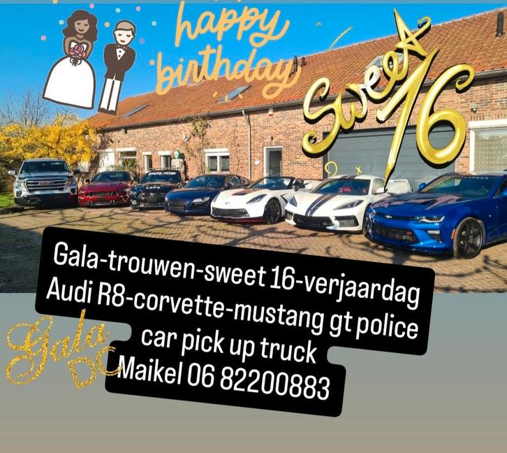 Trouwauto gala auto huren corvette mustang gt politie pickup, Diensten en Vakmensen, Verhuur | Auto en Motor, Trouwauto, Met chauffeur