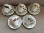 5 Espresso Kopjes & Schoteltjes, afb Fiat 500, Ophalen of Verzenden, Nieuw, Porselein, Kop en/of schotel