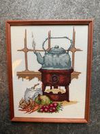 Borduurwerk theepot professioneel ingelijst, Ophalen of Verzenden, Zo goed als nieuw, Borduurgaren of Zijde