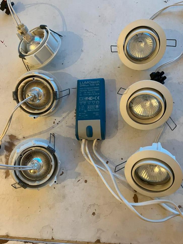 Halogeen inbouwspots (3/4/5/6) dimbaar met voeding, Huis en Inrichting, Lampen | Spots, Zo goed als nieuw, Metaal of Aluminium
