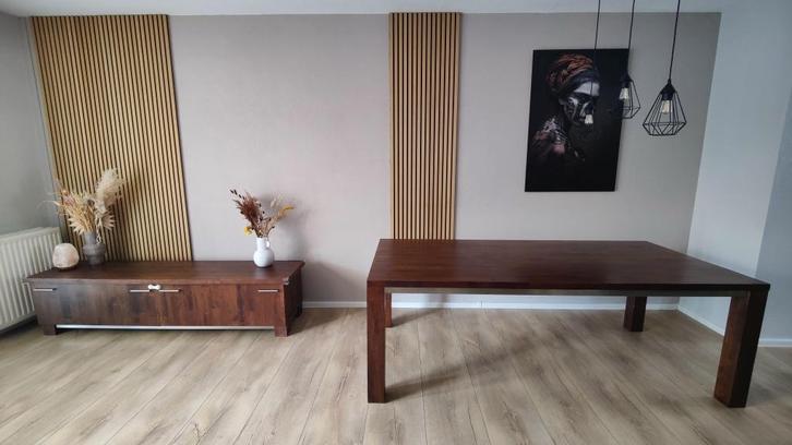 Houten eettafel/ wooden dining table met RVS (220/100/76), Huis en Inrichting, Tafels | Eettafels, Zo goed als nieuw, 50 tot 100 cm
