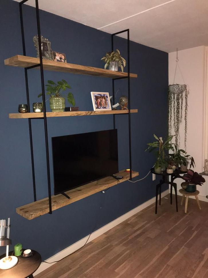 TV wandmeubel- wandrek, stalen frames, eikenhouten planken, Huis en Inrichting, Kasten | Wandmeubels, Nieuw, 150 tot 200 cm, 150 tot 200 cm
