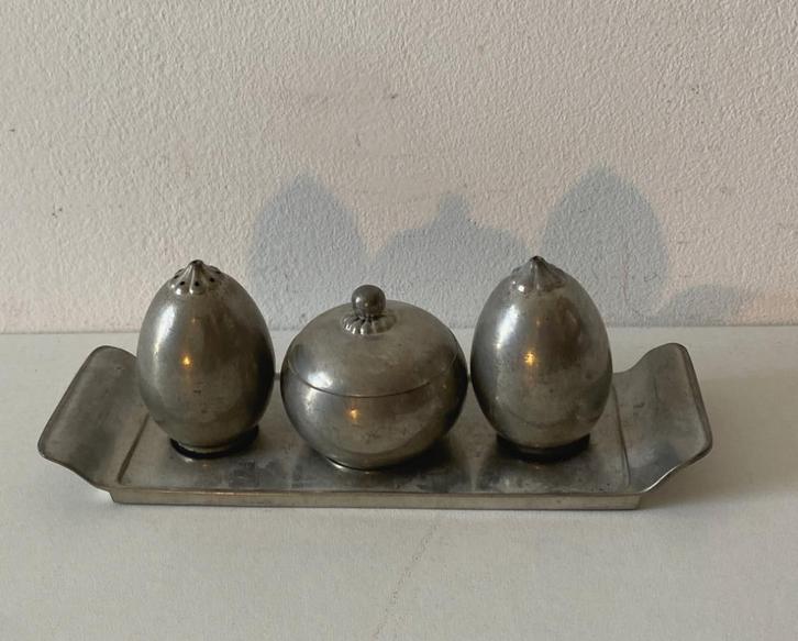 Just Andersen pewter peper en zout set, jaren '30, Huis en Inrichting, Woonaccessoires | Overige, Gebruikt, Ophalen of Verzenden