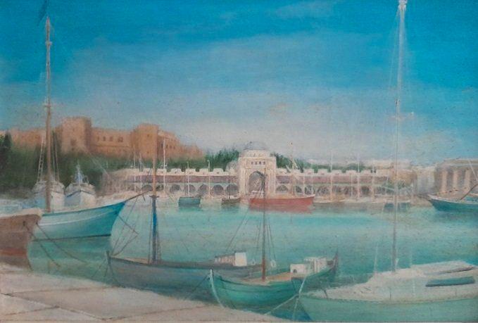 Mandraki Haven, Rhodos, Griekenland. Olieverf schilderij., Antiek en Kunst, Kunst | Schilderijen | Klassiek, Ophalen