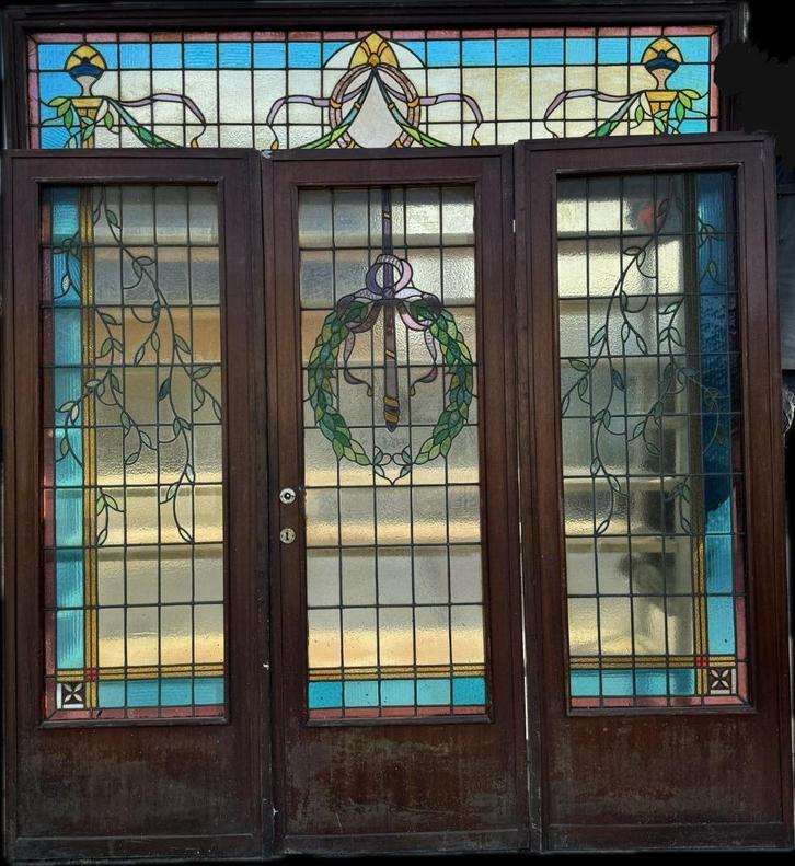 Openslaande deur met zijpanelen en bovenlicht glas in lood., Antiek en Kunst, Curiosa en Brocante, Ophalen