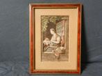 Verfijnde aquarel Kantwerkster in raam W. Pouwelsen 14x8 cm, Ophalen of Verzenden