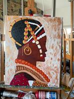 Afrikaanse Vrouw Schilderij - Kleurrijk met Goud, Antiek en Kunst, Ophalen of Verzenden