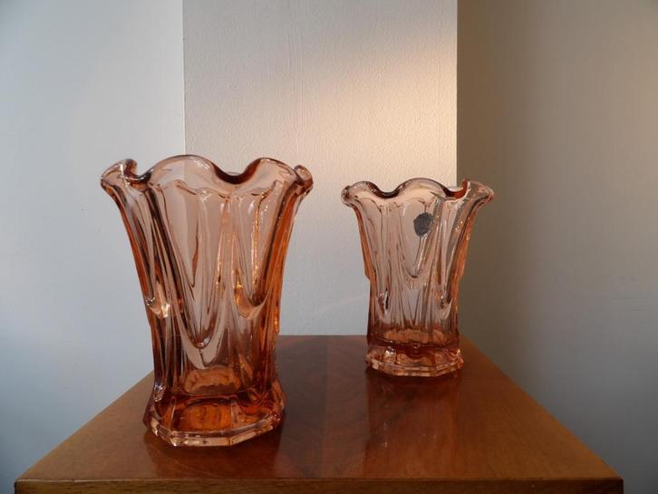 Art Deco Vazenset Boheems SKLO, peach/orange, Antiek en Kunst, Antiek | Vazen, Ophalen of Verzenden