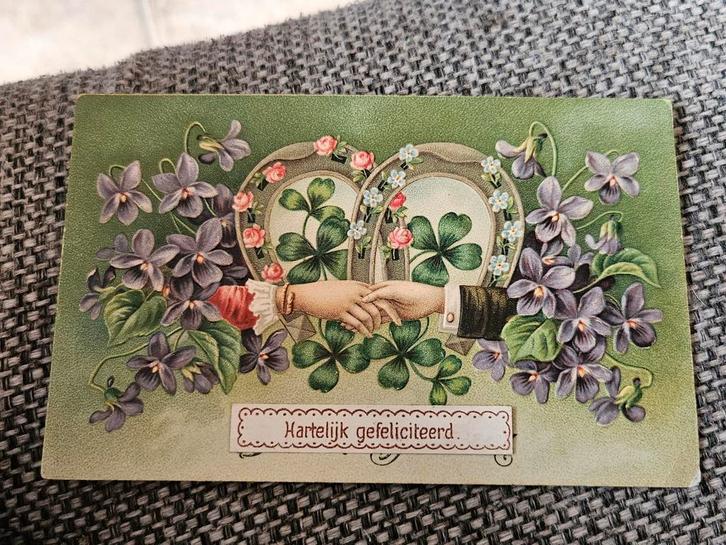 Brocante reliwf oude Ansichtkaart - Gelukswensen, Verzamelen, Ansichtkaarten | Themakaarten, Gelopen, Voor 1920, Ophalen of Verzenden