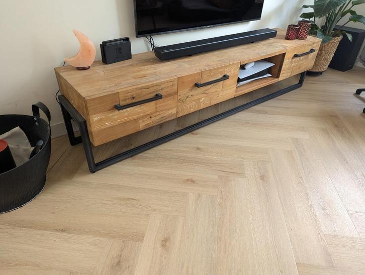 tv meubel Potenza Teak dutch design staal, Huis en Inrichting, Kasten | Televisiemeubels, Gebruikt, Minder dan 100 cm, 200 cm of meer