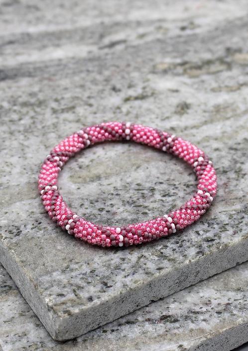 Glaskralen armband - roze, grijs - RB095, Sieraden, Tassen en Uiterlijk, Armbanden, Nieuw, Overige kleuren, Verzenden