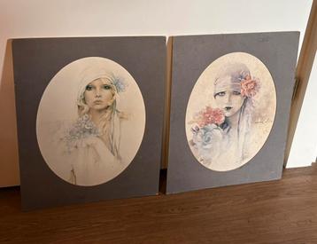 Vintage Sara Moon tekeningen op canvas beschikbaar voor biedingen