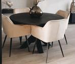 Luxe ronde eiken eettafel met 4 taupe velours stoelen, Huis en Inrichting, Tafels | Eettafels, Ophalen, Zo goed als nieuw, Vier personen