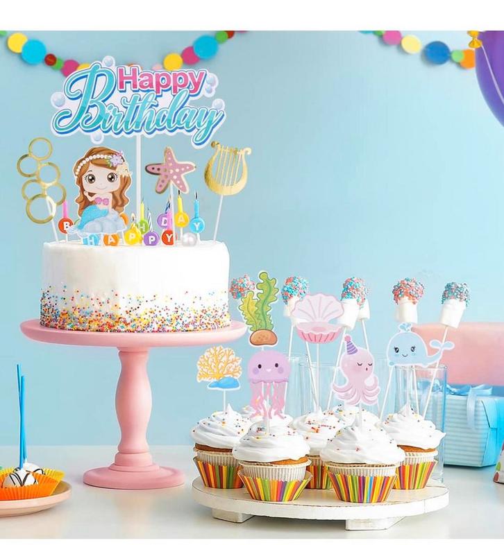 Zeemeermin verjaard tafelkleed, achtergr met taarttoppers, Hobby en Vrije tijd, Taarten en Cupcakes maken, Zo goed als nieuw, Versiering