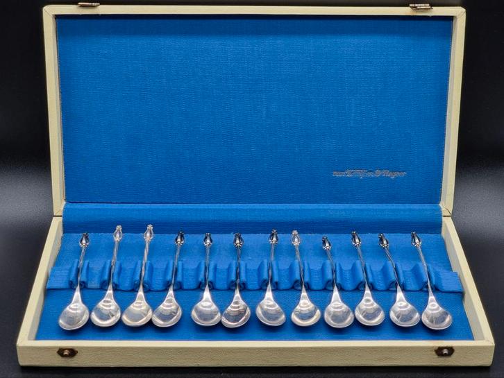 12 Theelepeltjes Zilver in Cassette, Antiek en Kunst, Antiek | Bestek, Ophalen of Verzenden