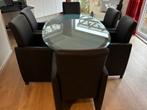 Glazen ovalen eettafel met 6 leren relaxstoelen, Ophalen, Gebruikt, 4 tot 6 stoelen