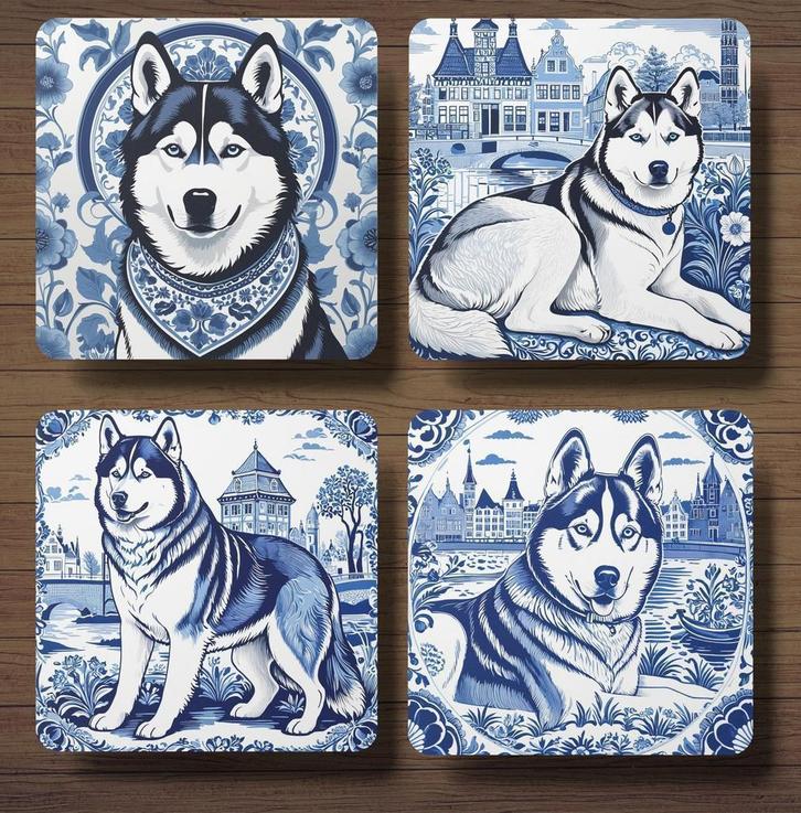 Husky Delfts Blauw onderzetters met houder, Huis en Inrichting, Woonaccessoires | Onderzetters, Nieuw, Glas of Kopje, Ophalen of Verzenden
