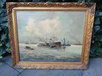 Olieverf Schilderij Haven met Schepen, Antiek en Kunst, Kunst | Schilderijen | Klassiek, Ophalen of Verzenden