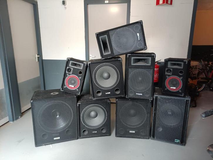 Assortiment 9 speakers, Muziek en Instrumenten, Versterkers | Keyboard, Monitor en PA, Gebruikt, P.A., Minder dan 500 watt, Ophalen
