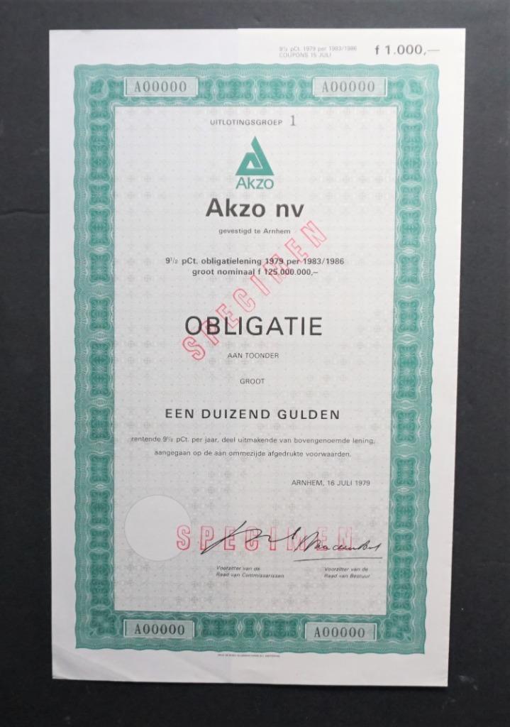 Akzo (nu Akzo Nobel)  - Arnhem - 1979, Postzegels en Munten, Aandelen en Waardepapieren, Obligatie of Lening, 1950 tot 1970, Verzenden